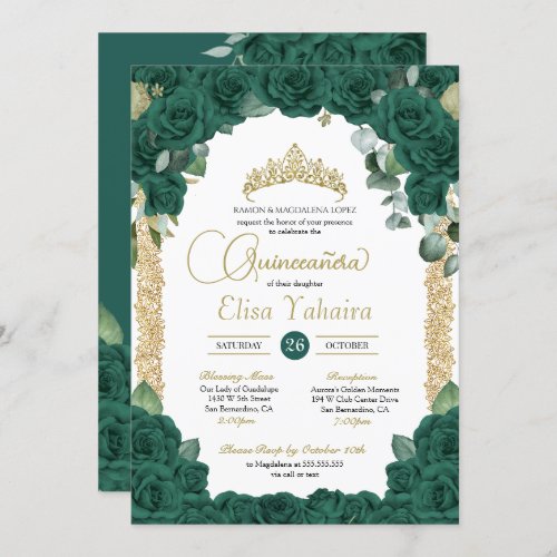 Jade Green Rose Floral and Gold Quinceanera Invitation