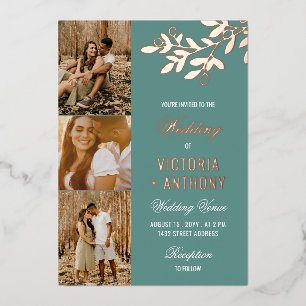 Jade Green Rose Gold Berry Twig 3 Photos Wedding Foil Invitation