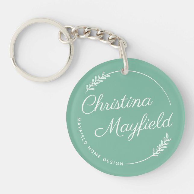 Jade Green Script Name Small Business Keychain (Front)