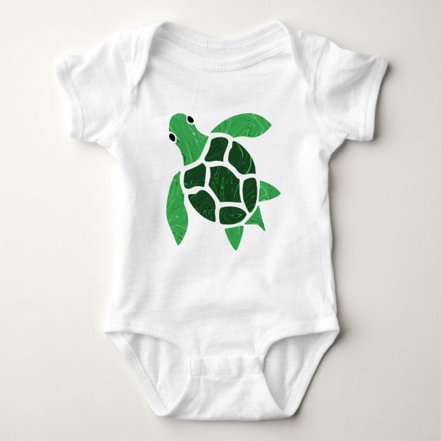 Jade Green Sea Turtle Marble Mosaic Art Baby Bodysuit (Front)