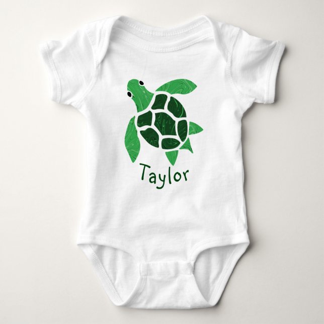 Jade Green Sea Turtle Mosaic with Name Baby Bodysuit (Front)