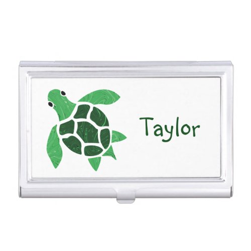 Jade Green Sea Turtle Mosaic with Name Business Card Case