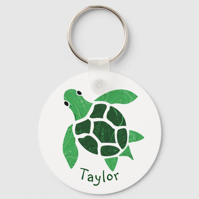 Jade Green Sea Turtle Mosaic with Name Keychain (Front)