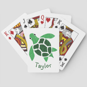 Jade Green Sea Turtle Mosaic with Name Poker Cards
