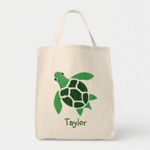 Jade Green Sea Turtle Mosaic with Name Tote Bag