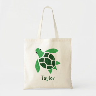 Jade Green Sea Turtle Mosaic with Name Tote Bag