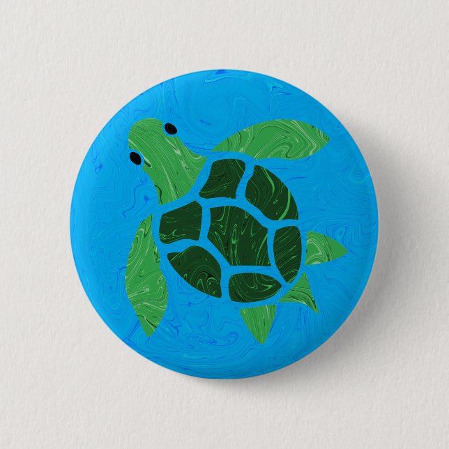 Jade Green Sea Turtle on Marble Ocean Blue Button (Front)