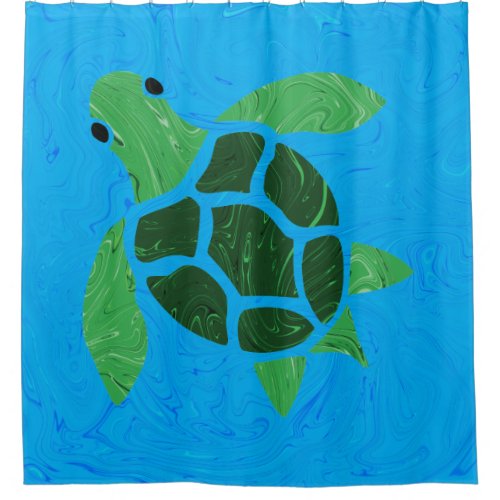 Jade Green Sea Turtle on Ocean Blue Background Shower Curtain