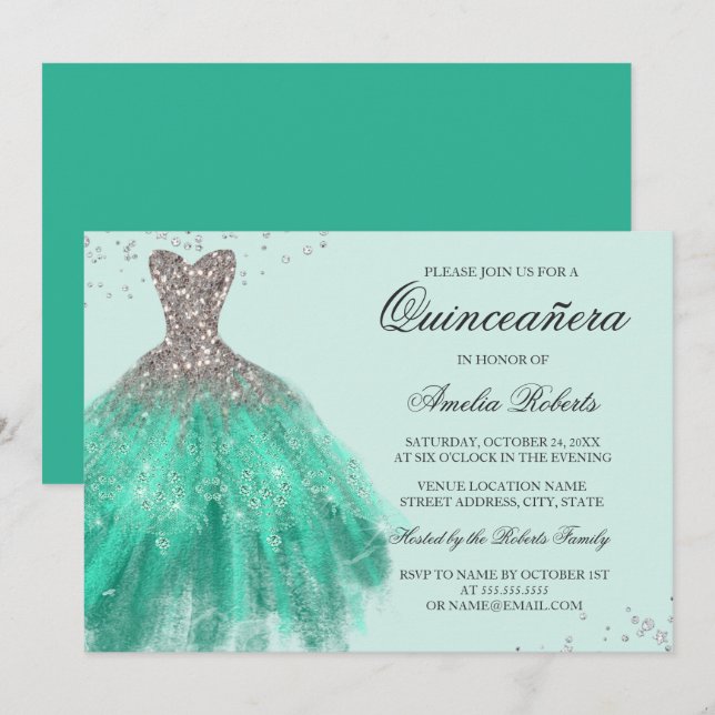 Jade Green Sparkle Dress Quinceanera Invitation (Front/Back)