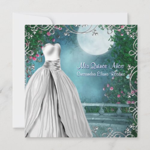 Jade Green Teal Blue Pink Roses Quinceanera Invitation