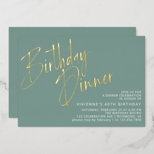 Jade Green Teal  Gold Modern Chic Birthday Dinner Foil Invitation