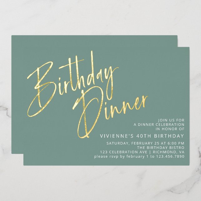 Jade Green Teal & Gold Modern Chic Birthday Dinner Foil Invitation (Front/Back)