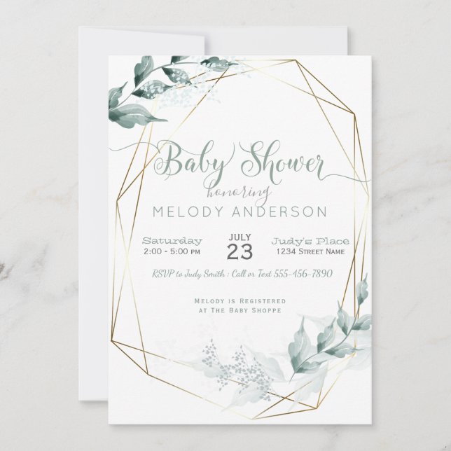 Jade Green Watercolor Botanical Baby Shower Invitation (Front)