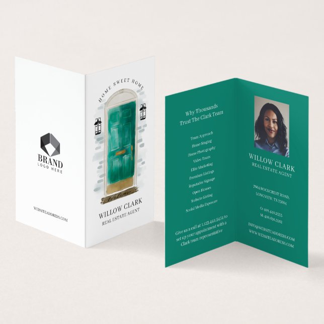 Jade Green Watercolor Front Door Photo & Services Business Card (Inside and Outside)
