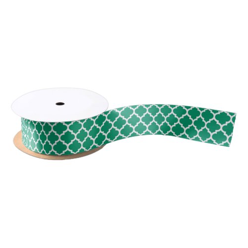 Jade Green White Moroccan Quatrefoil Pattern 5 Satin Ribbon