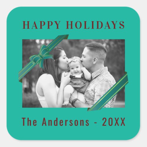 Jade Green White Ribbon Christmas Holiday Square Sticker