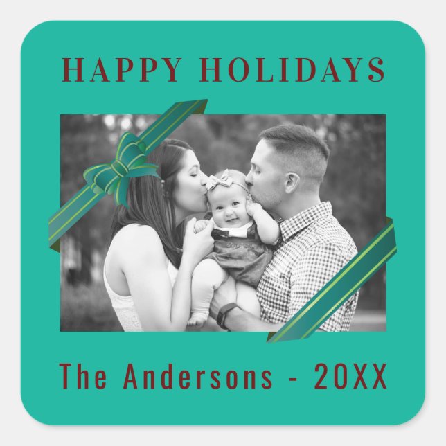 Jade Green White Ribbon Christmas Holiday Square Sticker (Front)