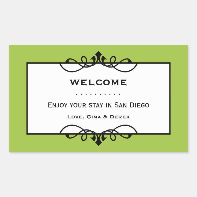 Jade green wrought iron frame out of town gift bag rectangular sticker (Front)