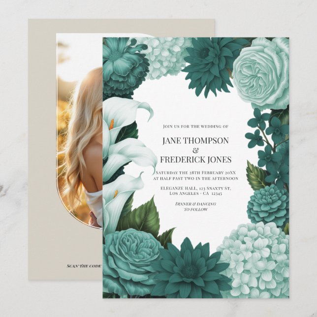 Jade Haze, Alpine Teal & Snow Mint Floral Wedding Invitation (Front/Back)
