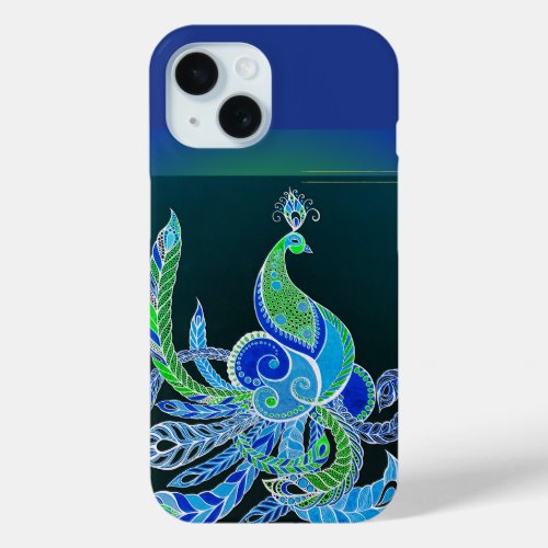 Jade Majesty Elegant Green and blue peacock  iPhone 15 Case