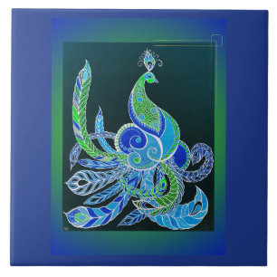 Jade Majesty Elegant Green and blue peacock Ceramic Tile