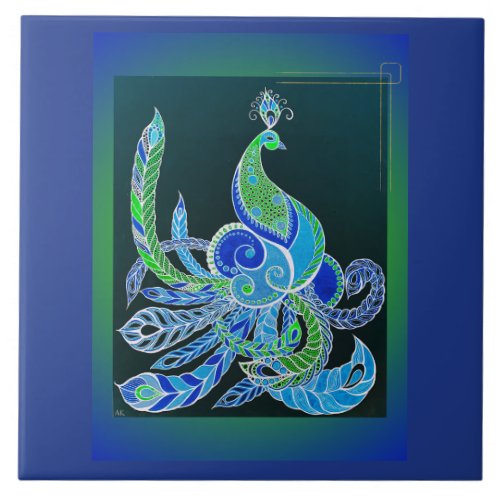 Jade Majesty Elegant Green and blue peacock  Ceramic Tile