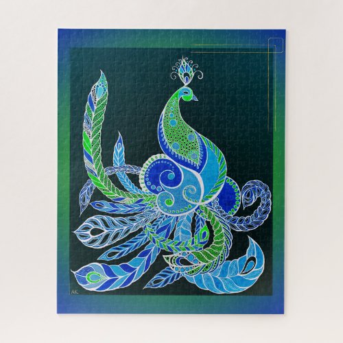 Jade Majesty Elegant Green and blue peacock  Jigsaw Puzzle