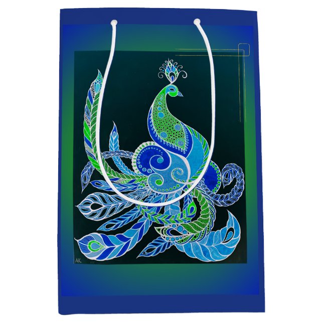 Jade Majesty Elegant Green and blue peacock  Medium Gift Bag (Front)