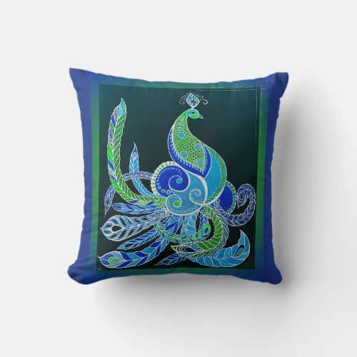 Jade Majesty Elegant Green and blue peacock  Throw Pillow