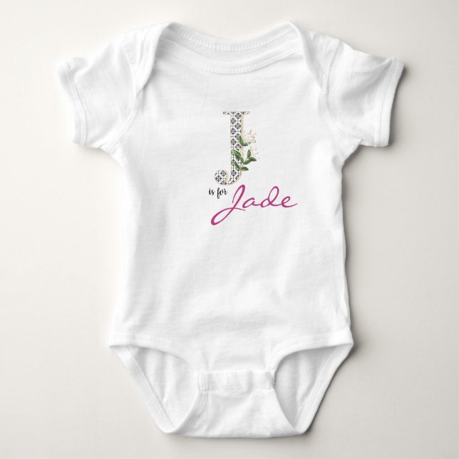 Jade Name Reveal Floral Letter J Girl Whimsical Baby Bodysuit (Front)