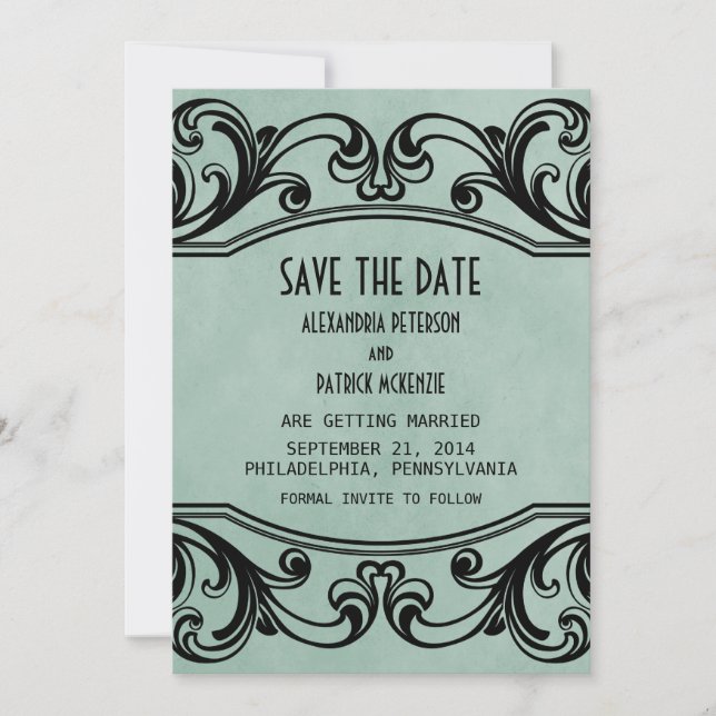 Jade Vintage Swirls Save the Date Invite (Front)