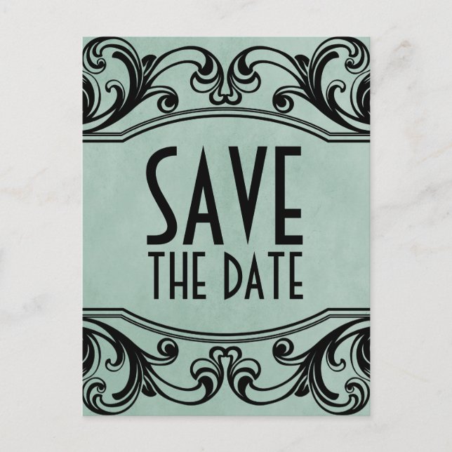 Jade Vintage Swirls Save the Date Postcard (Front)