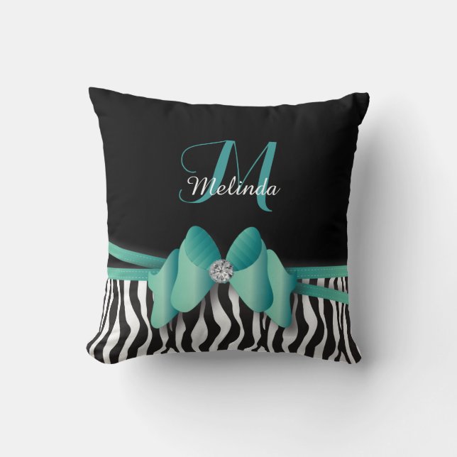 Jade Zebra Striped Bowed | DIY Monogram & Name Throw Pillow (Front)