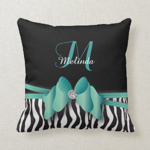Jade Zebra Striped Bowed   DIY Monogram & Name Throw Pillow