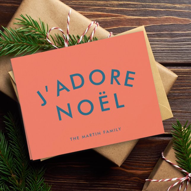J'adore Noel | Modern Love Christmas Red and Navy Holiday Card (Creator Uploaded)