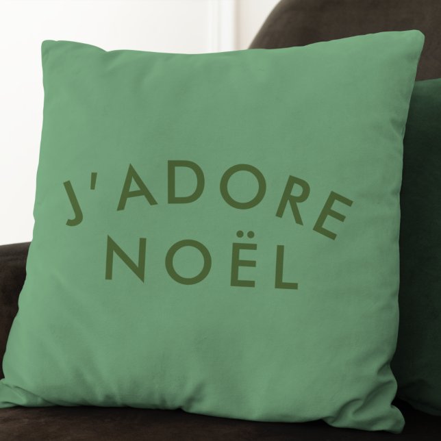 J'adore Noel | Modern Minimalist Love Xmas Green Throw Pillow (Creator Uploaded)
