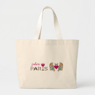 J'adore Paris, Cats in Love, Hearts Butterflies Large Tote Bag