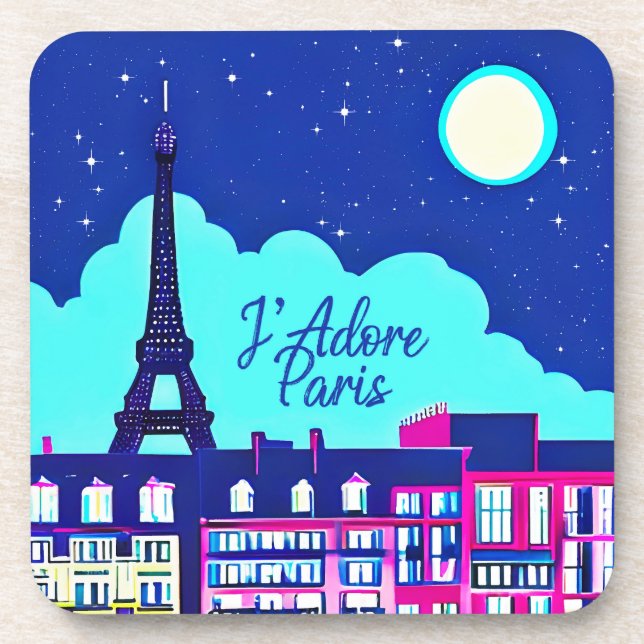 J'adore Paris - Fantasy Paris Under a Full Moon  Beverage Coaster (Front)