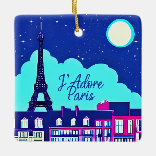 Jadore Paris _ Fantasy Paris Under a Full Moon Ceramic Ornament