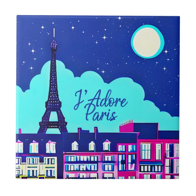 J'adore Paris - Fantasy Paris Under a Full Moon  Ceramic Tile (Front)