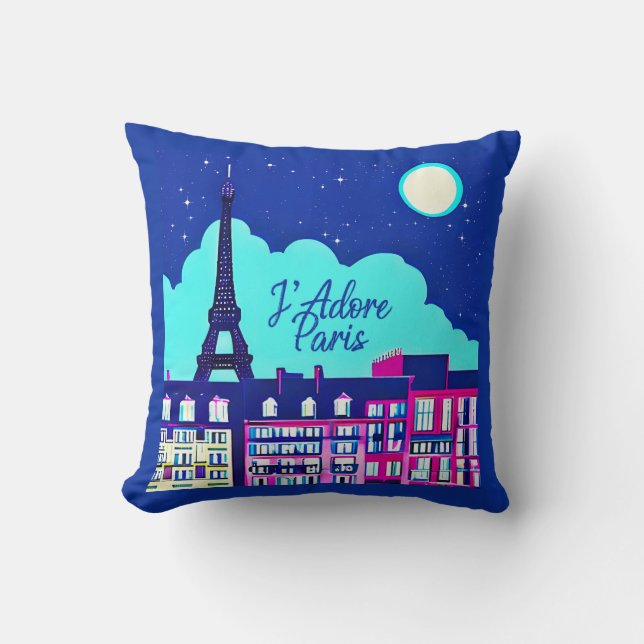 J'adore Paris - Fantasy Paris Under a Full Moon   Throw Pillow (Front)