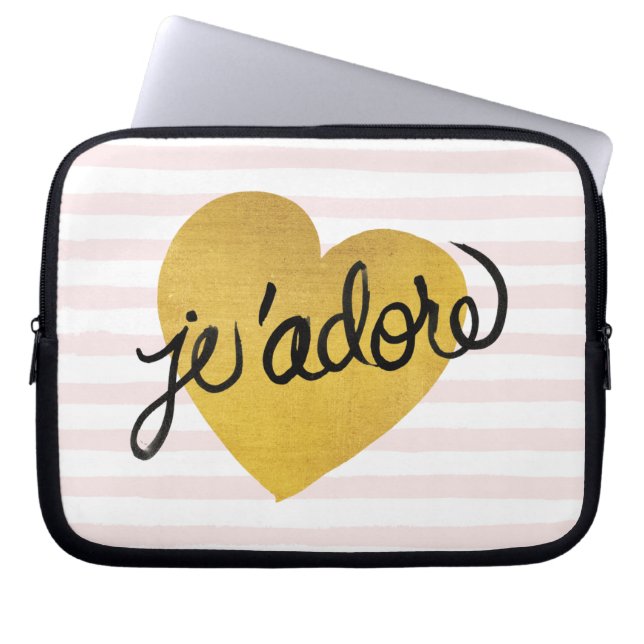 J'adore Quote | Black & Gold Heart Laptop Sleeve (Front)
