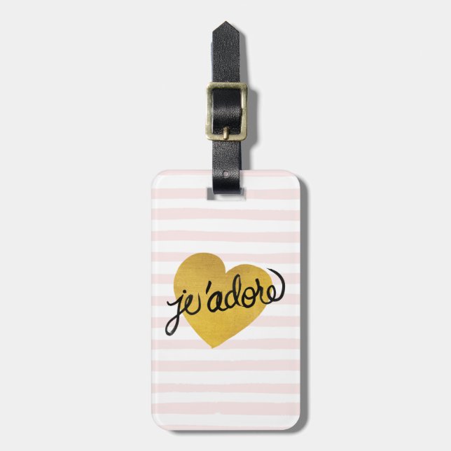 J'adore Quote | Black & Gold Heart Luggage Tag (Front Vertical)