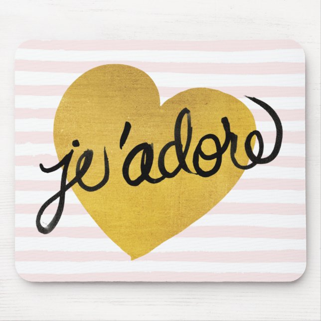 J'adore Quote | Black & Gold Heart Mouse Pad (Front)