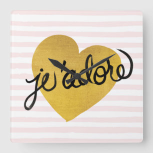 J'adore Quote Black & Gold Heart Square Wall Clock