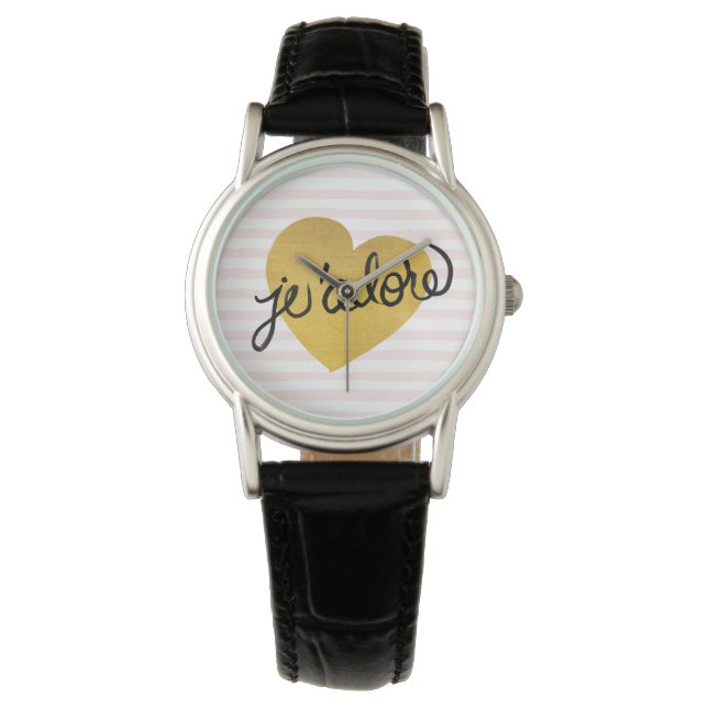 J'adore Quote | Black & Gold Heart Watch (Front)