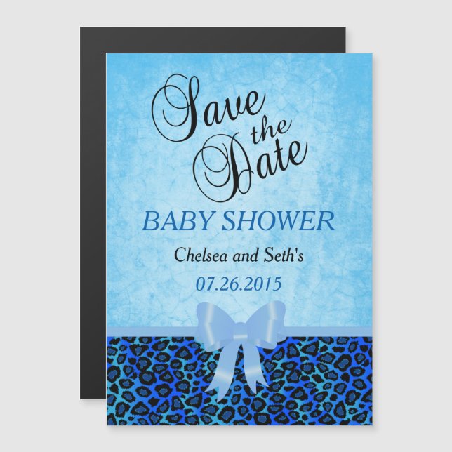 Jaguar Animal Cat Pattern | Blue | Baby Boy Shower Magnetic Invitation (Front/Back)