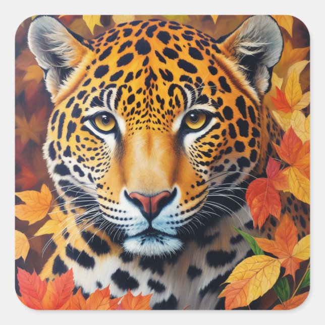 Jaguar Autumn Feline Painting Square Sticker (Front)