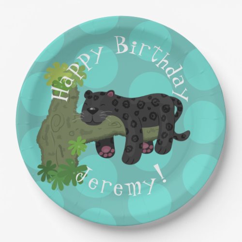 Jaguar black panther personalized cartoon birthday paper plates