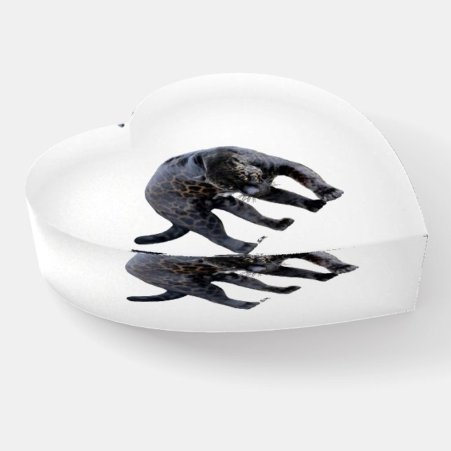 Jaguar Diablo white glass heart paperweight (Angled)